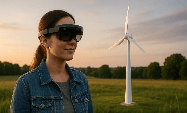 Woman observing a 3D AR wind turbine in a natural field at sunset