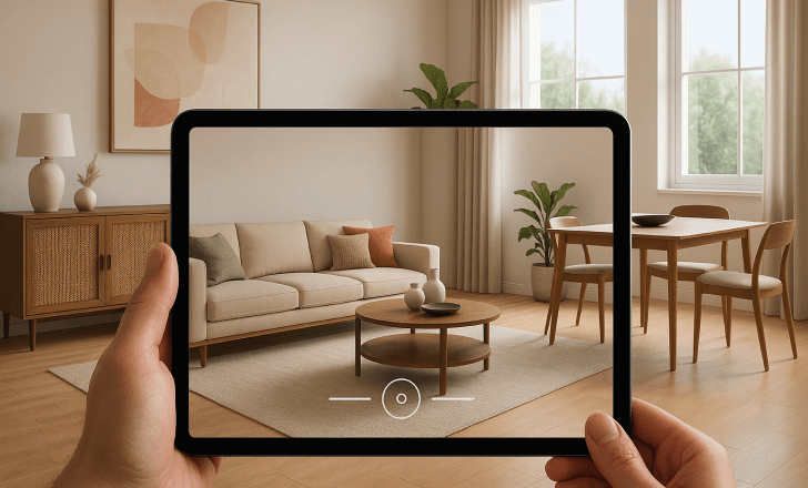 A person holding a tablet showing an AR view of a furnished living room, with virtual furniture aligned to the real space's minimalist décor and natural lighting.