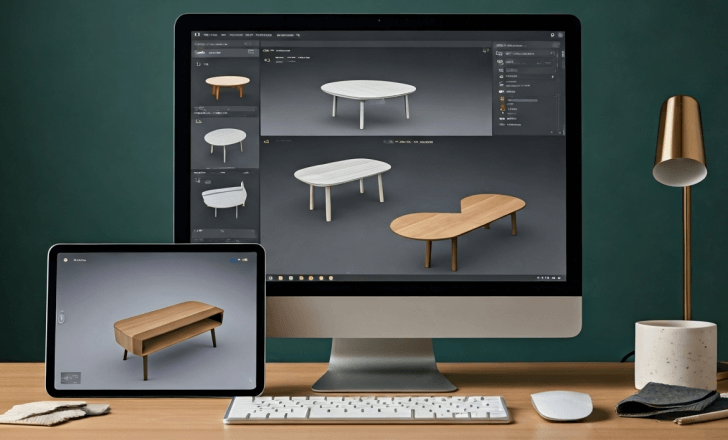 Furniture designer's workspace showing 3D models on the screen and AR visualization on a tablet for creating realistic furniture designs
