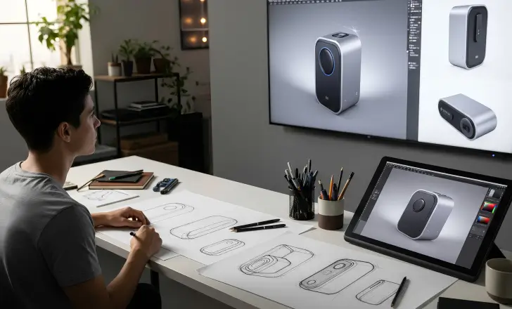 Product designer blending sketches and AI assisted digital design