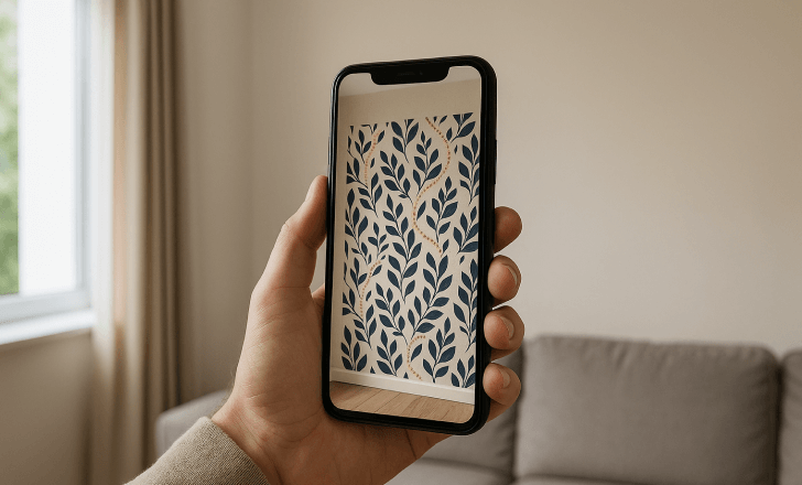 AR wallpaper visualizer displaying design on smartphone