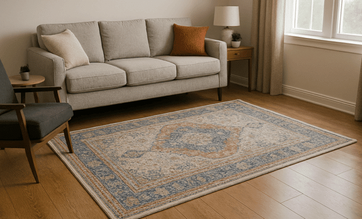 Bright living room featuring a blue and orange Persian rug on hardwood flooring, styled with mid-century modern furniture and natural lighting.