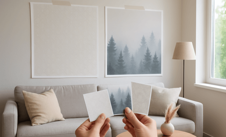 Comparing wallpaper swatches in a sunlit living room