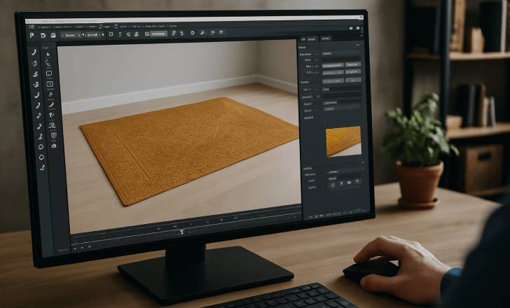 Computer screen displaying a 3D rendering of an ochre rug in design software, with interface tools and a designer’s hand using a mouse.