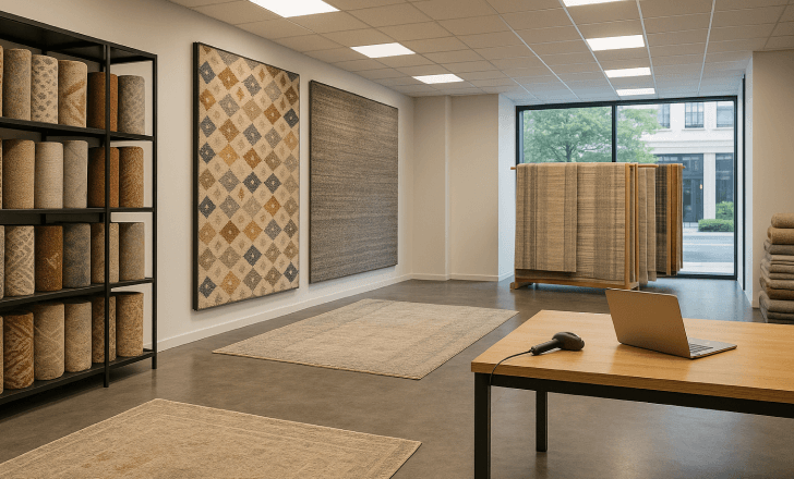Contemporary rug store interior with neatly displayed rugs on shelves and walls, plus a table with a laptop and scanner on a rug-covered floor