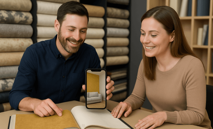Couple reviewing wallpaper samples with visualizer