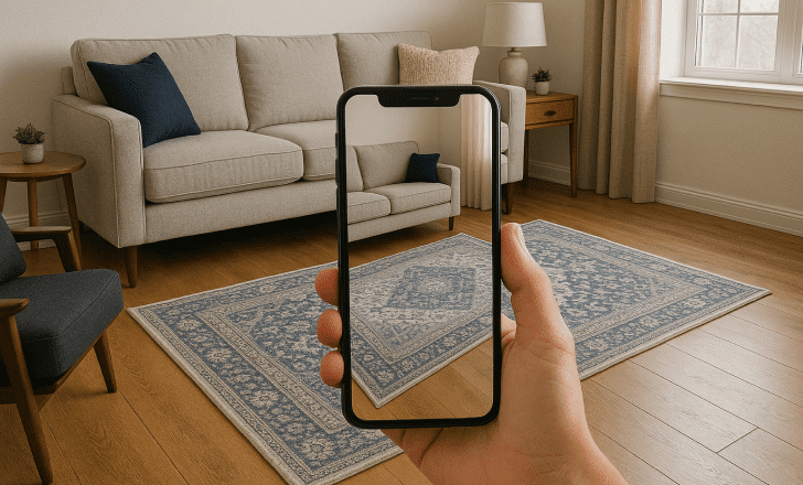 Modern living room with a soft blue AR rug over hardwood flooring, viewed through a smartphone held in front of the scene.