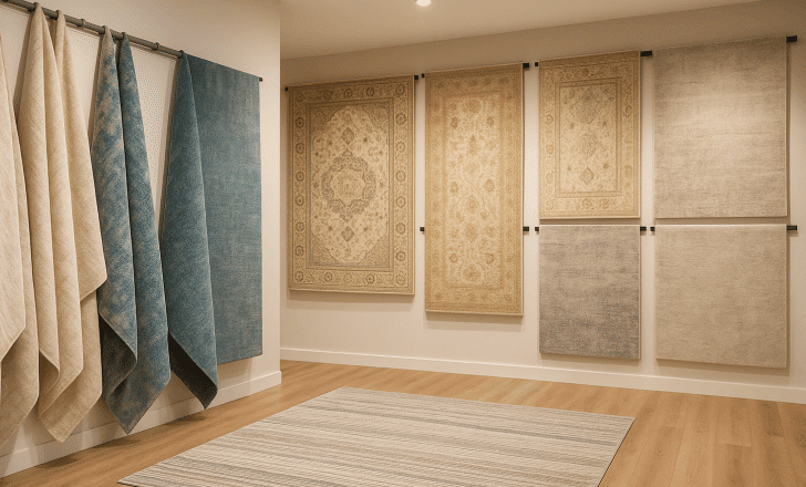 Modern rug showroom featuring various rugs displayed on the walls, with a striped neutral rug centered on the wooden floor