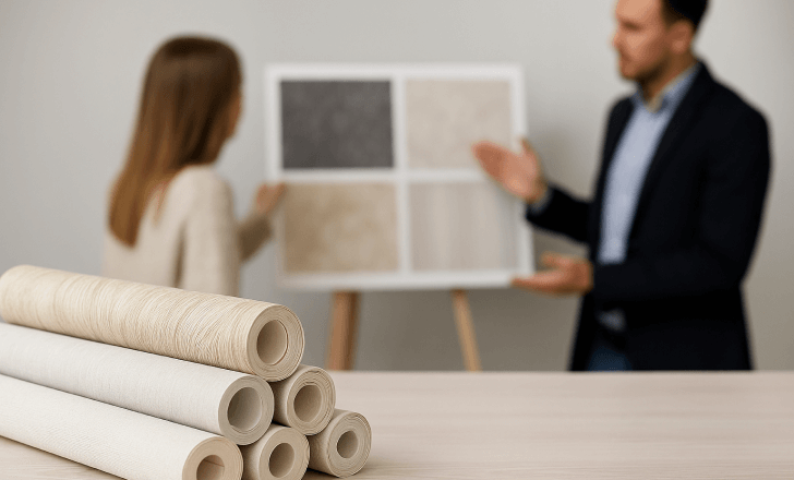 Sales rep using a digital wallpaper visualizer to present options on a tablet in a design meeting