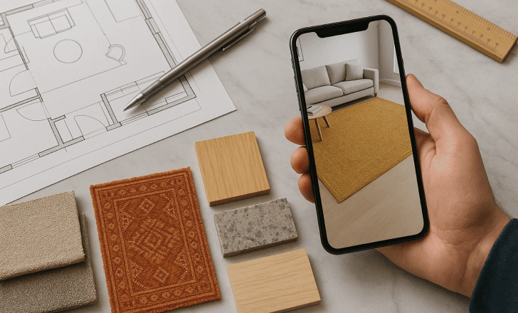 Top-down view of interior design tools with floor plans, fabric swatches, wood samples, and a smartphone showing an AR rug visualization.