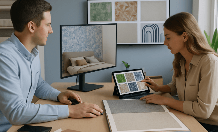 Two interior designers collaborate on digital wallpaper selection in a modern office setting