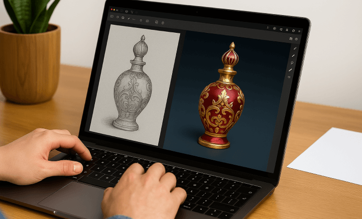 Un monitor de laptop mostrando un boceto y un modelo 3D de un lujoso perfume árabe en un espacio de trabajo moderno