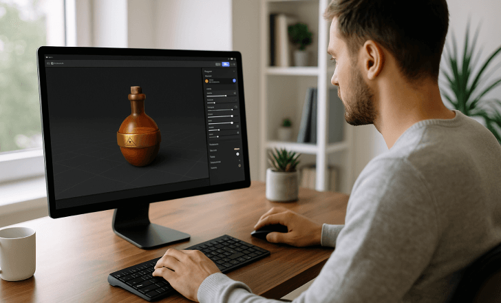 Un hombre edita un modelo 3D de un frasco de poción naranja en un monitor de escritorio en un espacio de trabajo luminoso y minimalista