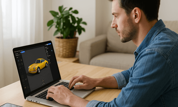 Un hombre trabajando en un modelo 3D de un coche antiguo amarillo en su ordenador portátil en una habitación luminosa y moderna