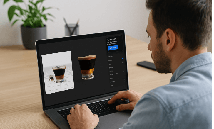 Un hombre trabajando en un portátil con una bebida de café renderizada en 3D y su foto de referencia en 2D en la pantalla