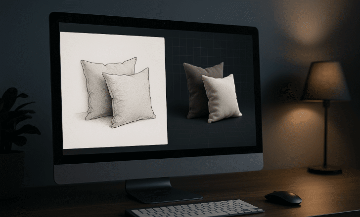 Un monitor que muestra un dibujo 2D de almohadas y su homólogo en modelo 3D uno al lado del otro en un espacio de trabajo moderno y oscuro