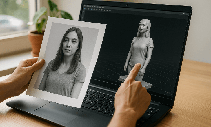 Una persona utiliza un ordenador portátil para convertir un retrato en escala de grises en una escultura digital en 3D de una mujer