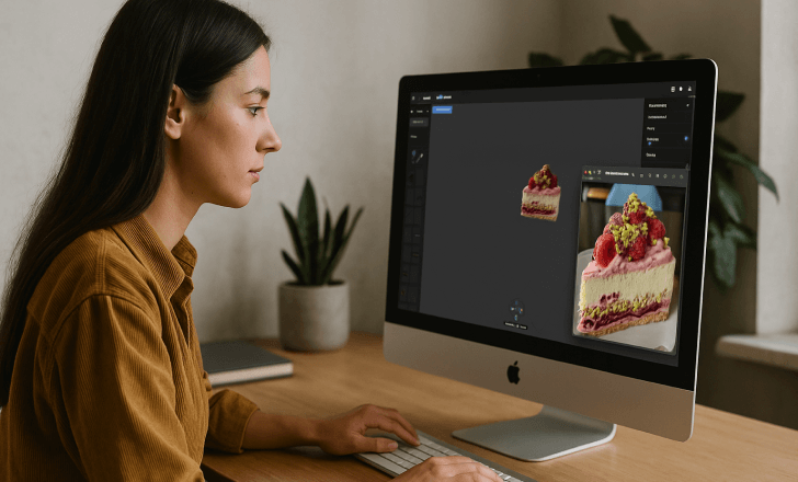 Una mujer trabajando en un ordenador de sobremesa, convirtiendo una foto de una tarta de pistacho y frambuesa en un modelo 3D