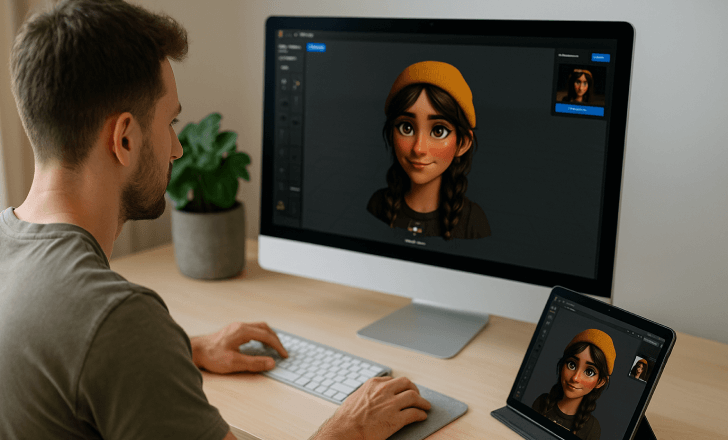 Un joven trabajando en un escritorio y una tableta que muestra un personaje de dibujos animados renderizado en 3D con un gorro amarillo