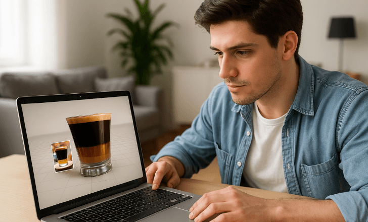 Un joven trabajando en su ordenador portátil mientras convierte una foto de un espresso en capas en un modelo 3D