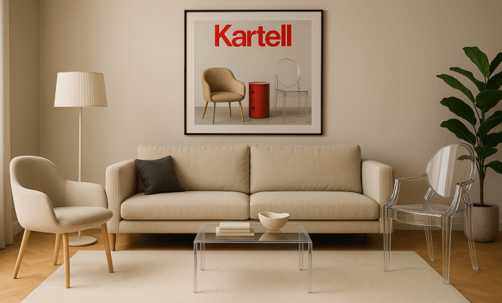 A contemporary living room with Kartell furniture, including a beige sofa, armchair, transparent Ghost Armchair, and Jolly coffee table, with a framed Kartell print on the wall.