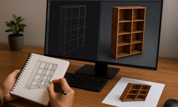 A designer sketching a wooden bookshelf in a notebook, with a computer displaying its 3D wireframe and rendered model, and a printed render on the desk.