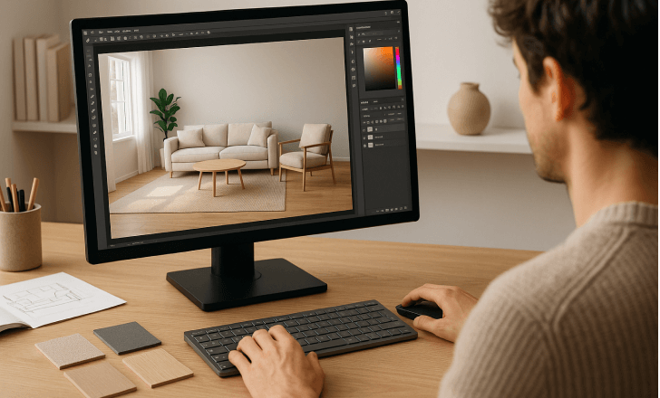 A designer working at a desk with material swatches and sketches, editing a 3D model of a minimalist living room on a computer screen.