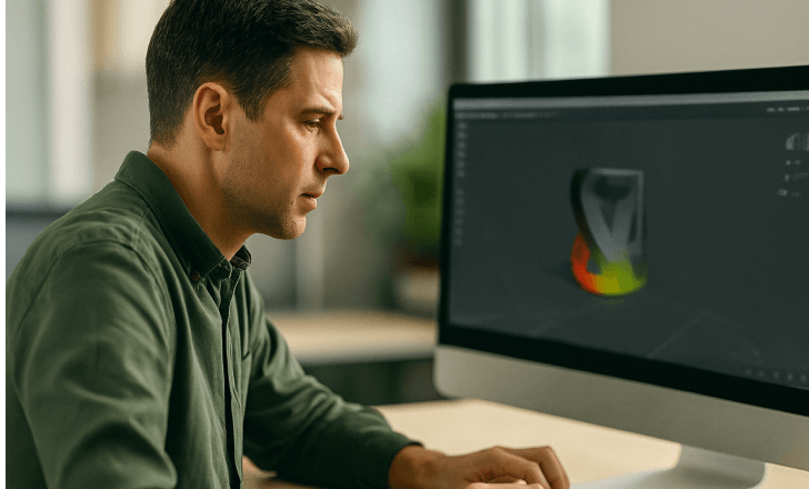 A designer working on a colorful 3D model displayed on a computer screen in a modern office setting, preparing it for 3D printing.