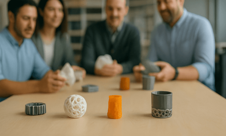 A group of designers in a modern office reviewing various 3D printed prototypes placed on a wooden table.