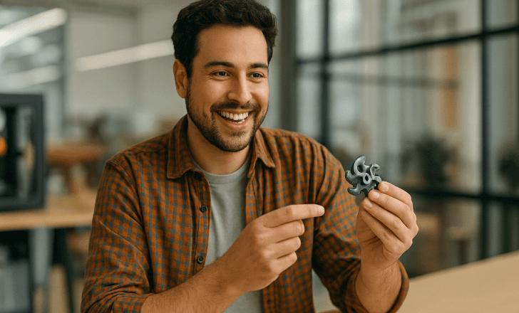 A hobbyist in a cozy workshop smiling while holding a freshly 3D printed metallic part, with a 3D printer visible in the background.