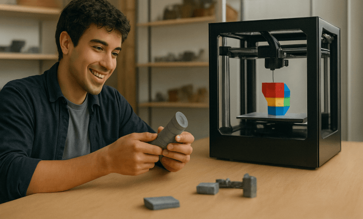A young hobbyist smiling while holding a 3D printed object beside a desktop printer that is creating a colorful prototype.