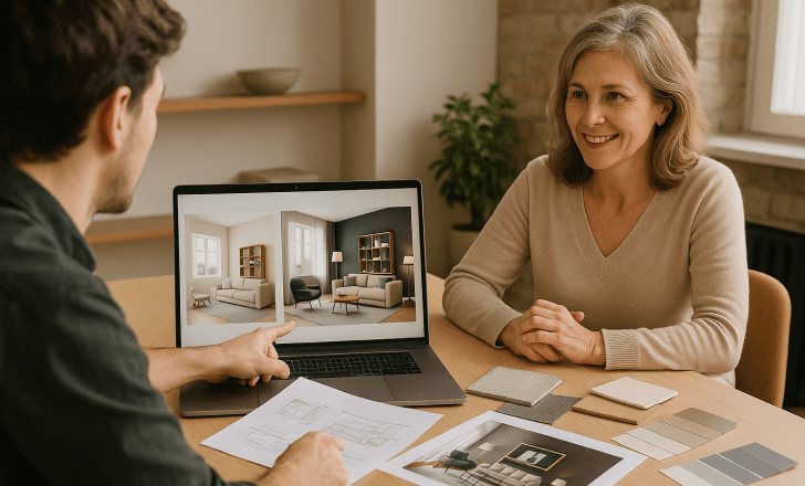 An interior designer and a client discussing 3D living room renderings on a laptop, surrounded by fabric swatches, paint samples, and printed sketches on a wooden table.