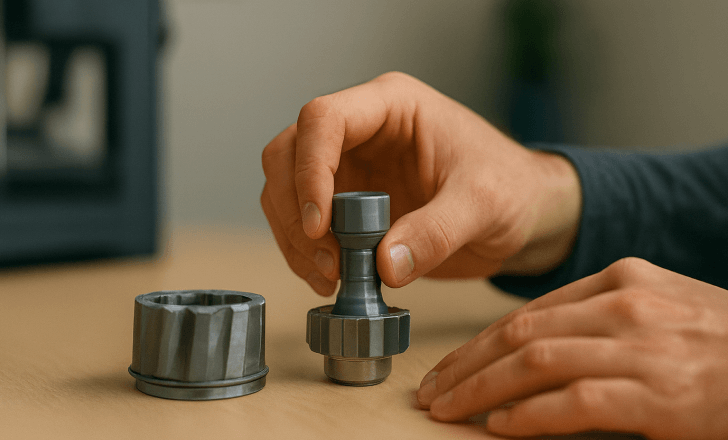 Close-up of hands carefully inspecting and adjusting a 3D printed mechanical component on a wooden workbench.