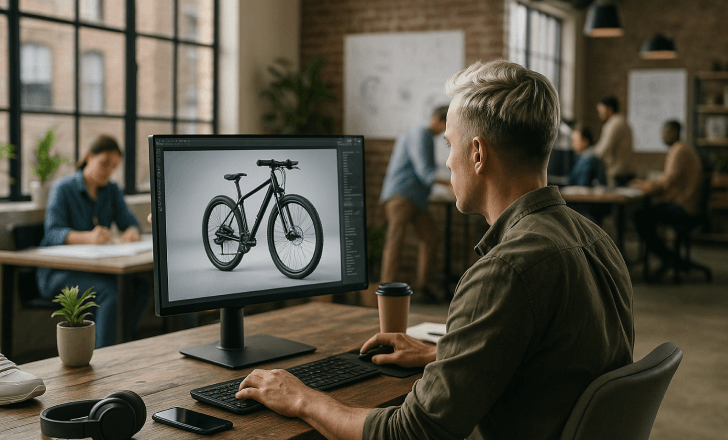 Designer creating a realistic 3D bicycle model with AI tools in a collaborative studio environment.
