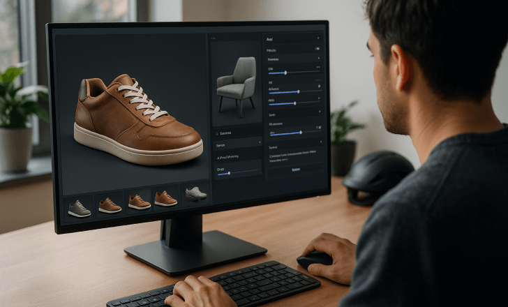 Designer refining a 3D sneaker model using AI tools on a computer in a modern product design studio.