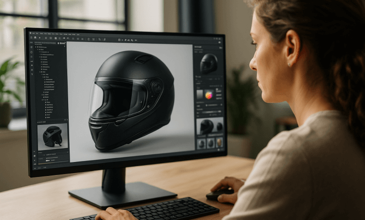Designer working on a realistic 3D helmet model using AI tools in a bright modern studio.