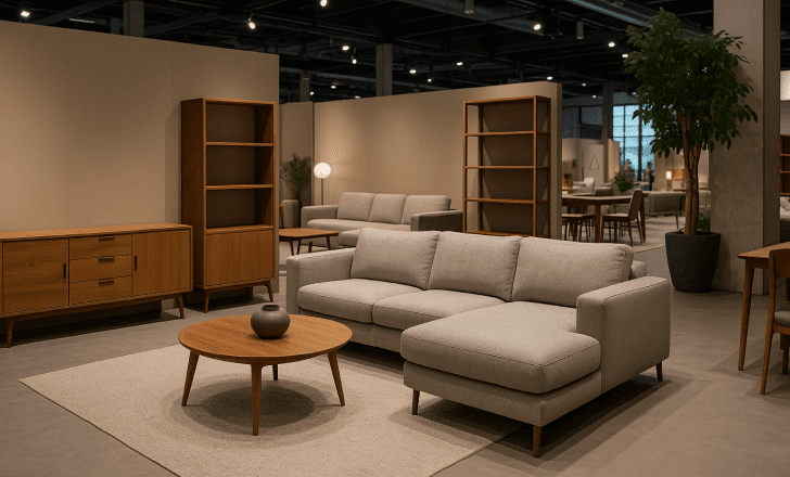 Exhibition space at Feria Hábitat València with a sectional sofa, wooden coffee table, and bookshelves under warm natural light.