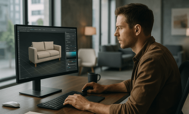 Product designer working on a realistic 3D sofa model using AI software in a bright modern studio