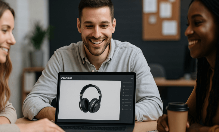 Smiling man and two colleagues in an office collaborating on a laptop displaying a 3D model of black headphones.