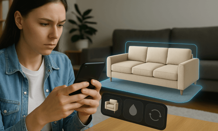 Woman using a smartphone to view an augmented reality projection of a beige sofa in her living room.
