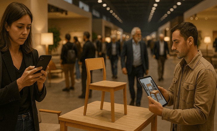 Wooden chair presented both physically and in AR at Habitat Valencia.