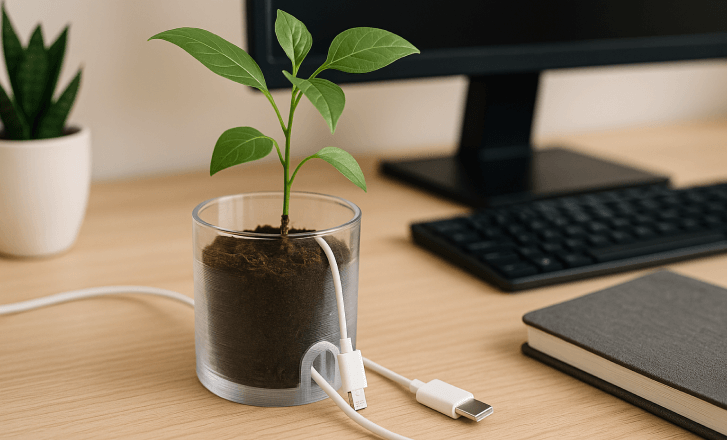 A 3D printed planter on a desk with a green plant and cables routed through a built-in channel.