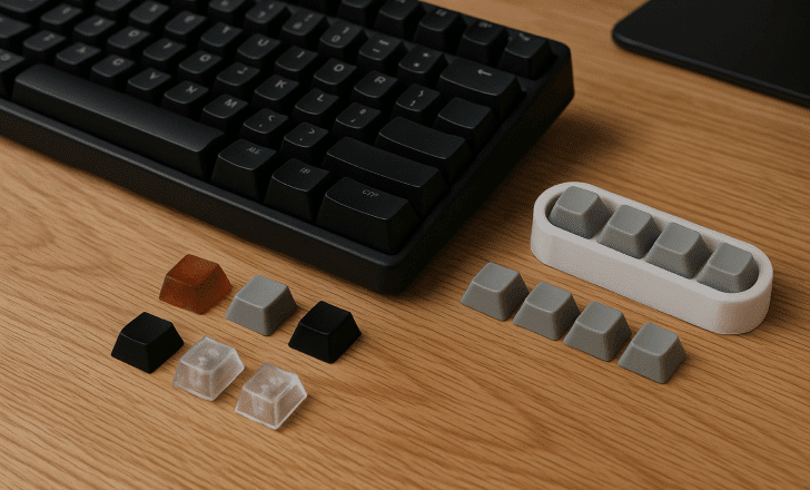 A mechanical keyboard on a wooden desk with several colorful 3D printed custom keycaps displayed beside it.