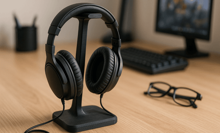 A pair of black headphones resting on a 3D printed stand on a wooden desk, with cable neatly wrapped.