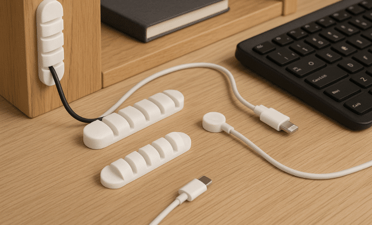 A wooden desk with several 3D printed white cable organizers neatly holding computer wires.