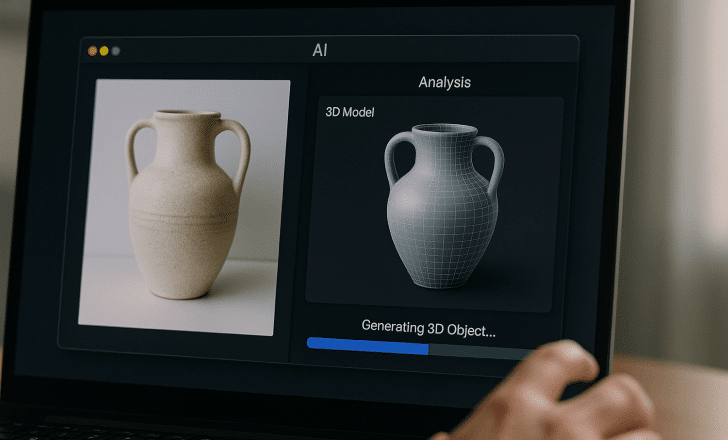Computer screen showing AI software analyzing a photo of a vase and generating a 3D model in progress