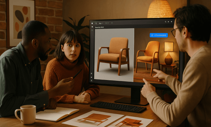 Design team collaborating in front of a large monitor showing a 3D autumn-inspired chair in RealityMAX