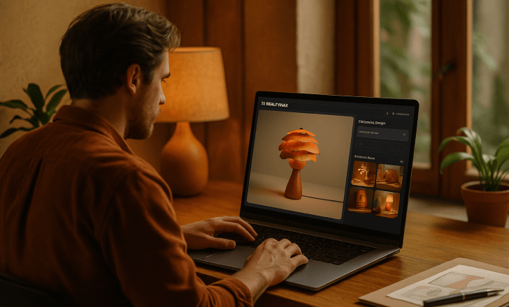 Designer working on a PC with RealityMAX open, refining a 3D autumn-inspired lamp model in a cozy fall-themed studio