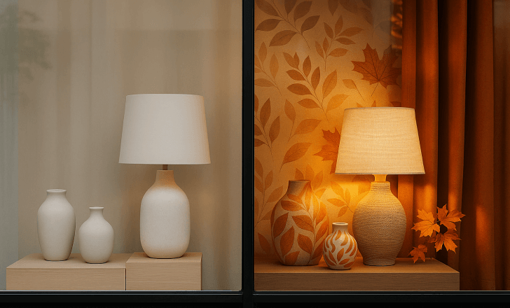 Left with plain vases and lamp, right AI-enhanced with autumn colors, organic patterns, and warm lighting
