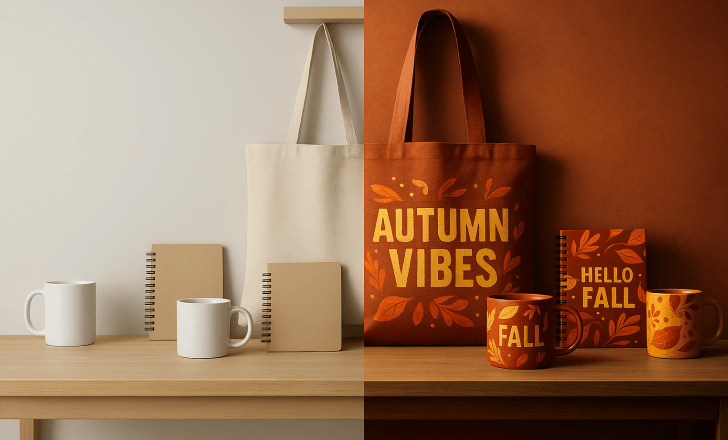 Merchandising display split in two. left plain products, right AI-enhanced autumn designs with bold typography and organic patterns.